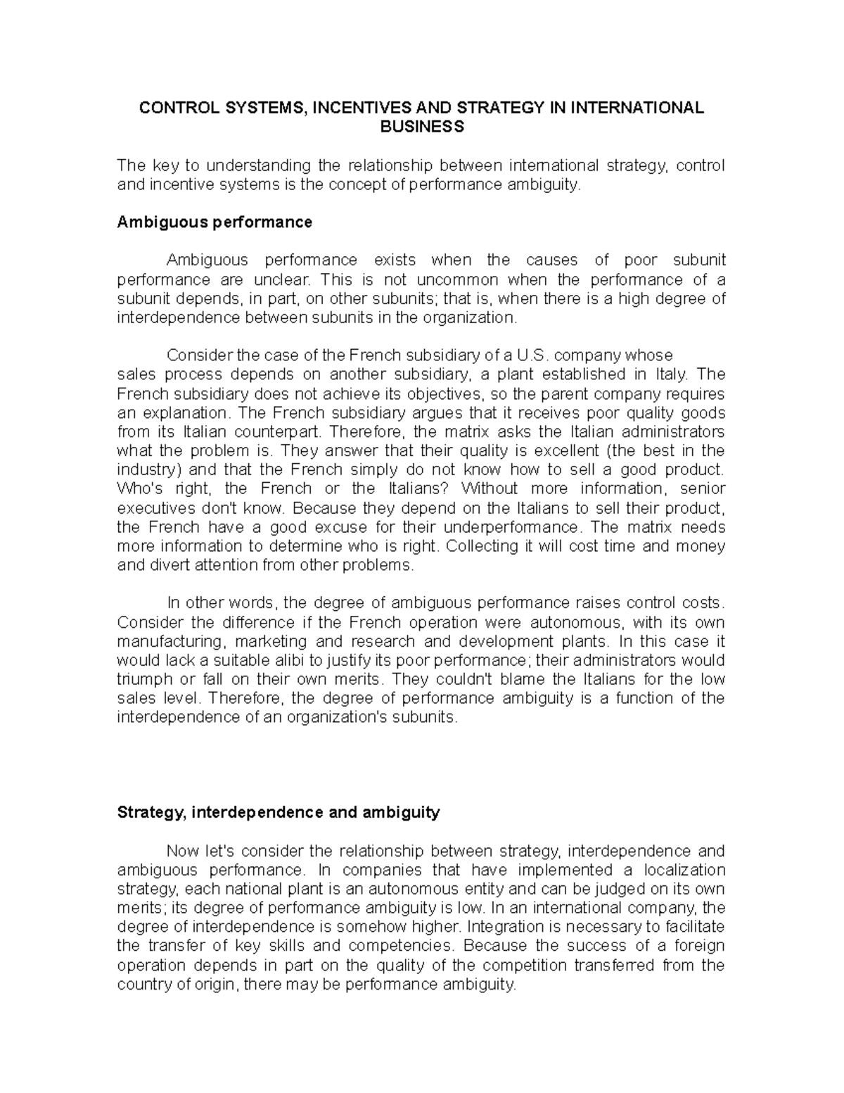Control Systems & Incentives in Int'l Business Strategy - Study Notes ...
