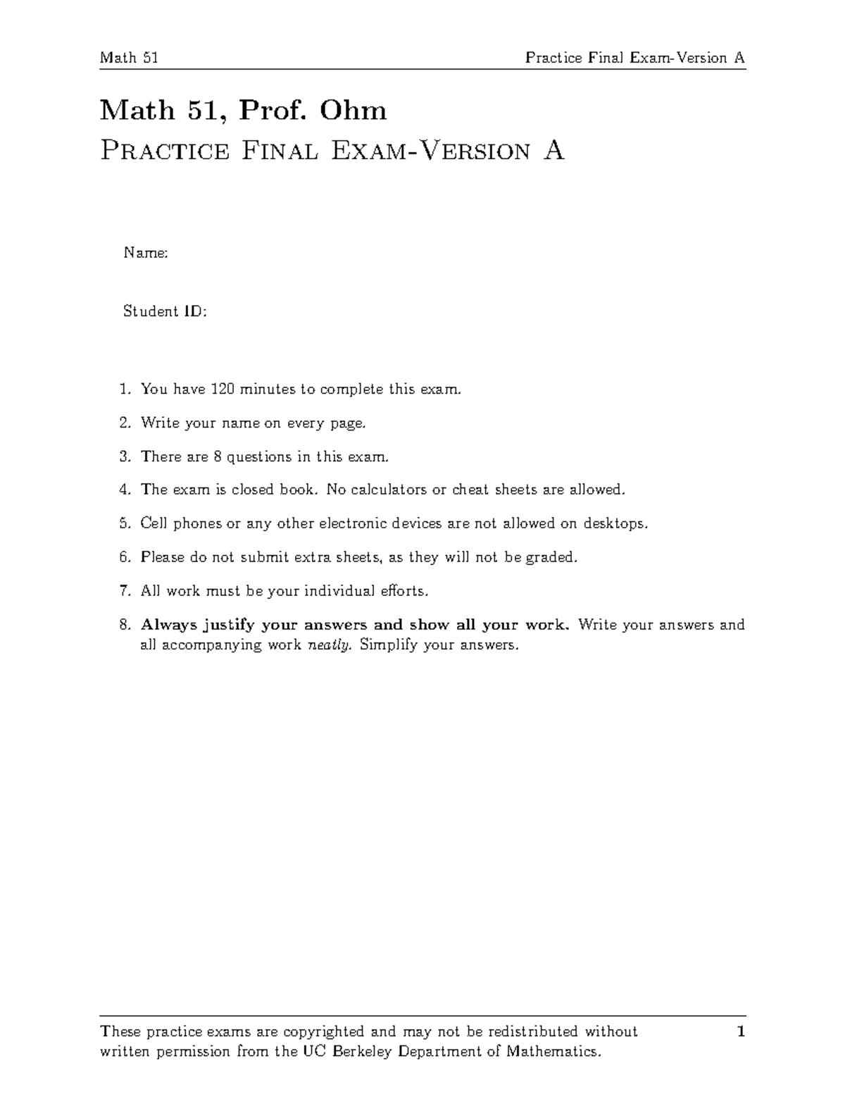 Math 51 Practice Final Exam A - Prof. Ohm - Studocu