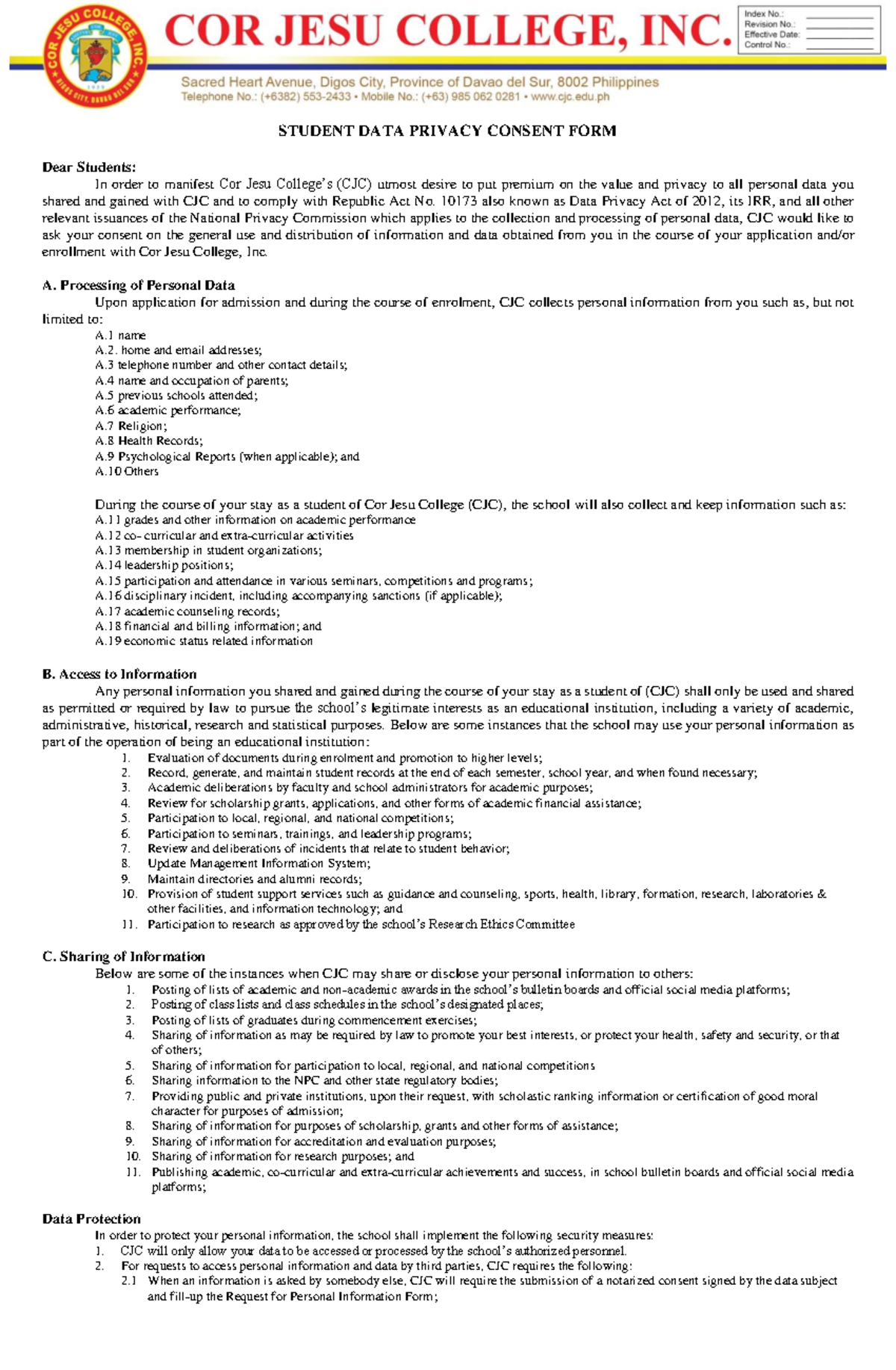 DATA Privacy Consent FORM - STUDENT DATA PRIVACY CONSENT FORM Dear ...