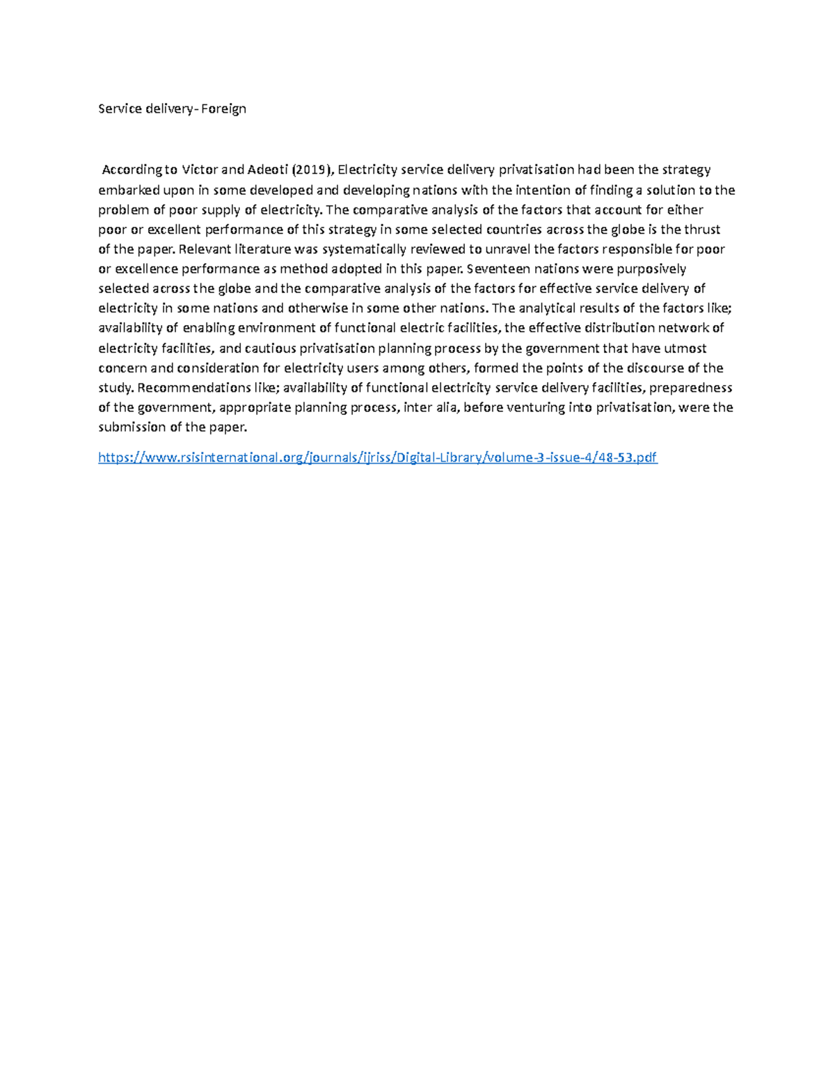 RRL- Foreign Literature on Electricity Service Delivery & Customer ...
