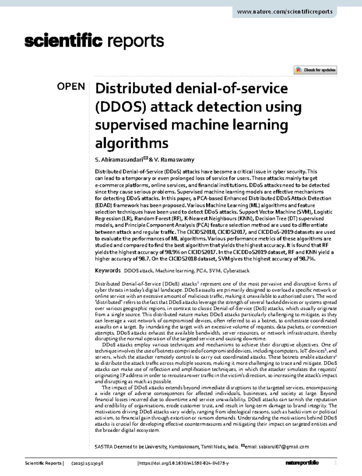 DDoS Attack Detection Using ML: PCA-Based Evaluation Framework (CS-2023 ...