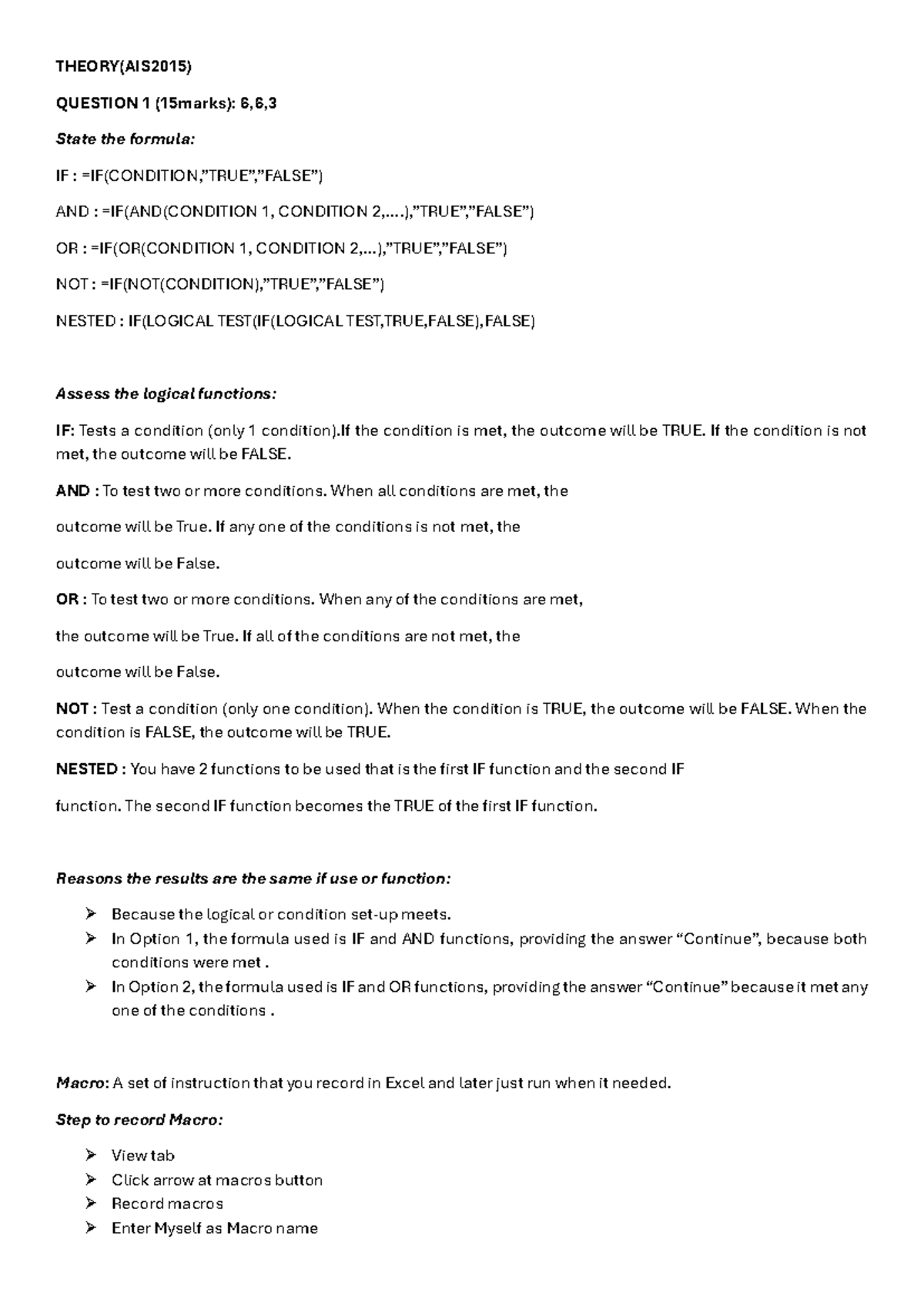 AIS 205 notes on logical functions and accounting principles for final exam - Document Preview