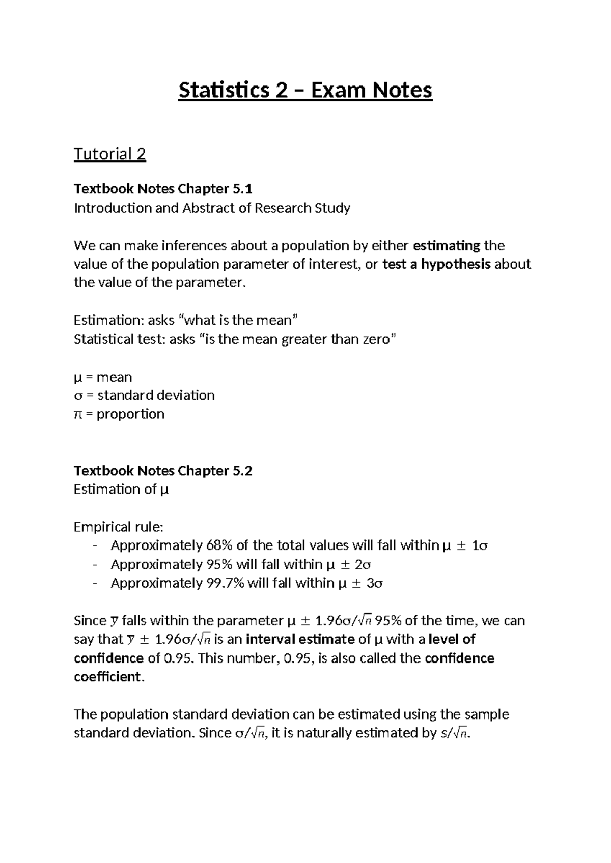 Statistics 2 - Final Exam Study Notes & Confidence Intervals - Studeersnel