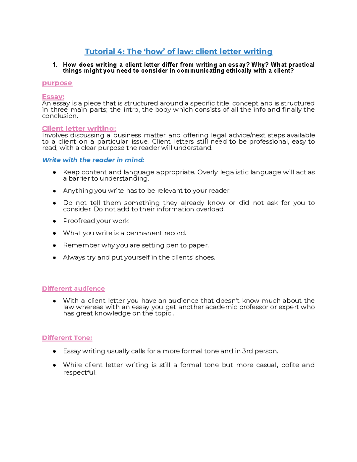 Tutorial 4: Client Letter Writing in Legal Contexts - A Guide - Studocu