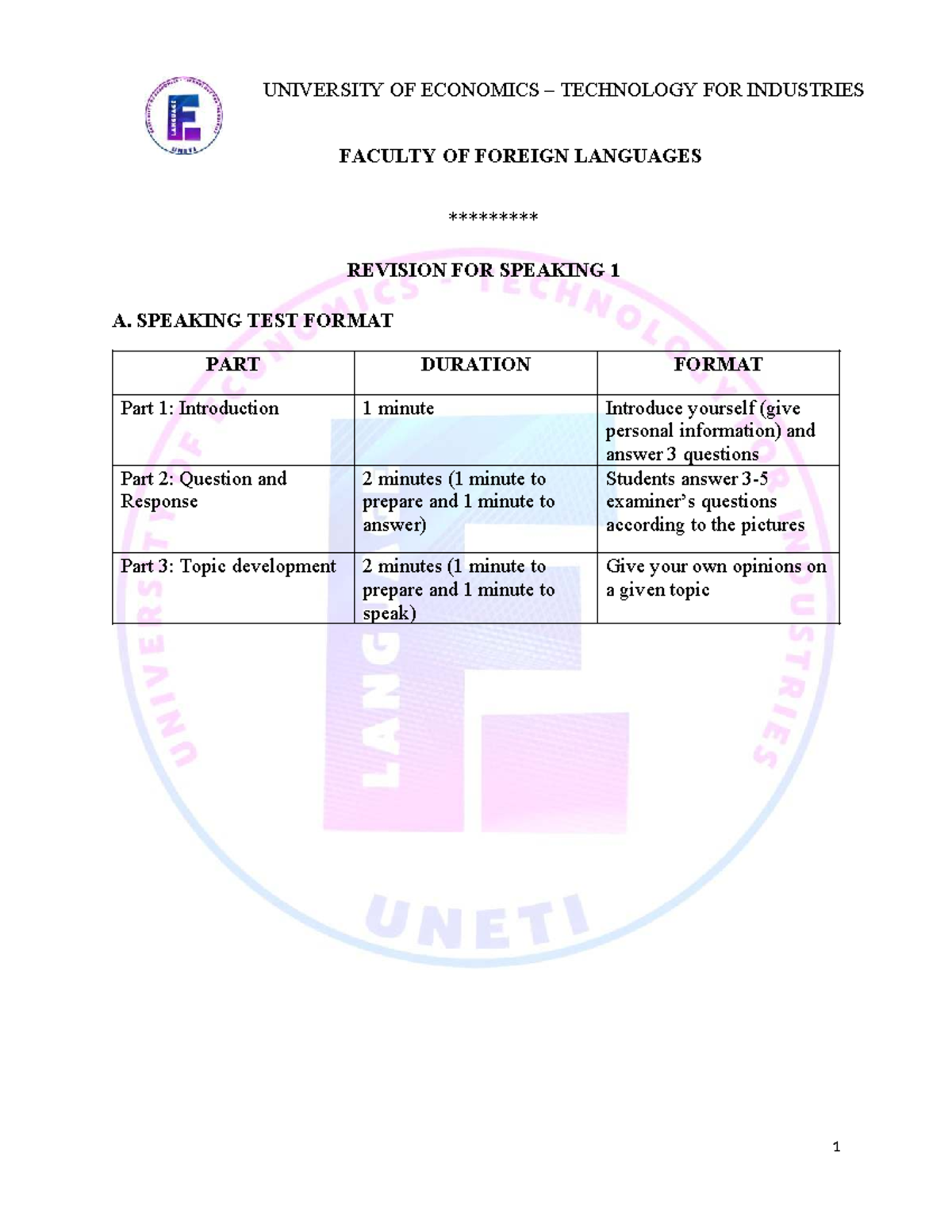 Revision for Speaking 1 (2023) - Test Format and Sample Questions - Studocu