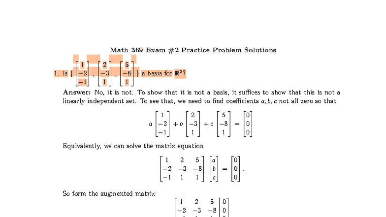 Math 369 Final Exam Practice: Basis and Subspace Solutions - Studocu