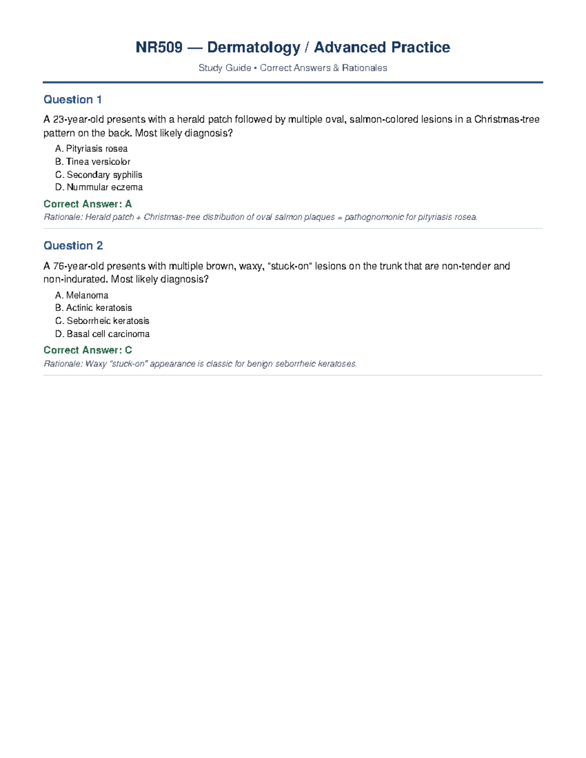 NR509 Dermatology Advanced Practice Study Guide: Key Diagnoses ...