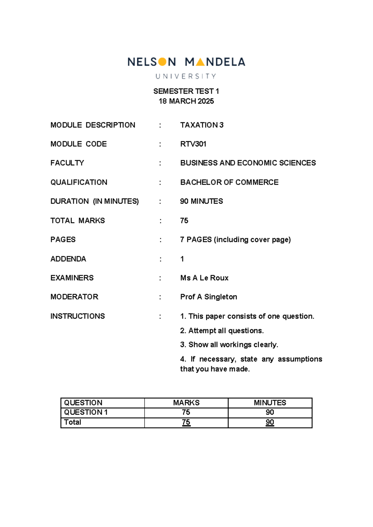 RTV301 - March 2025 - Taxation Test 1 Questions and Analysis - Studocu