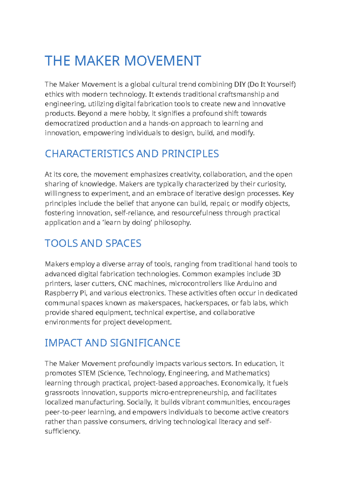Maker Movement Overview: Principles, Tools, and Impact - Studocu