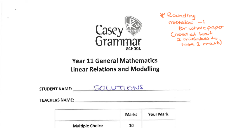 2025 11GM Solutions: Linear Relations & Modelling Test - Studocu