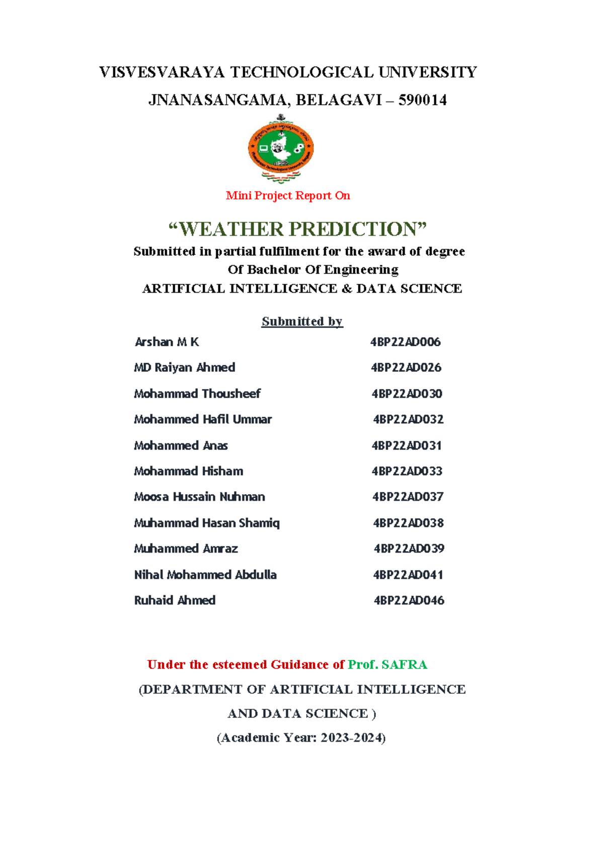 AI Mini Project Report: Weather Prediction App (4BP22AD) - Studocu