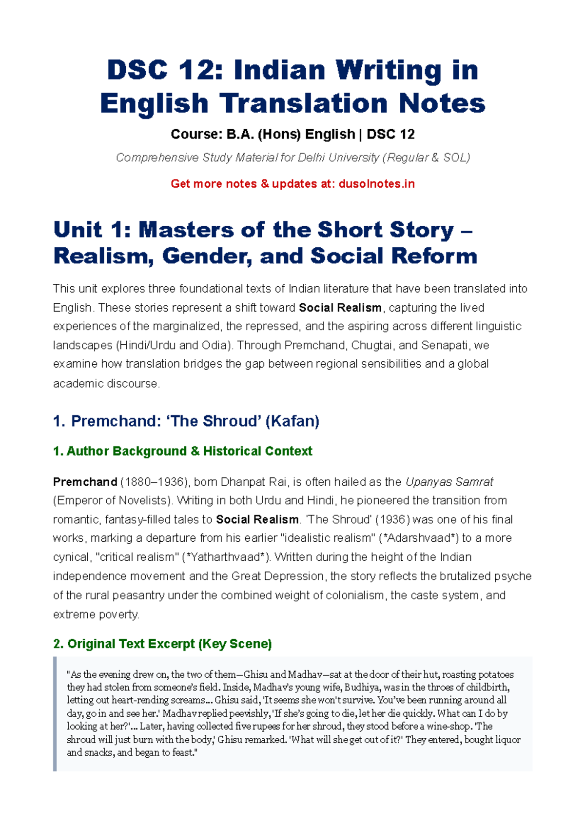DSC 12: Comprehensive Notes on Indian Writing in English Translation ...
