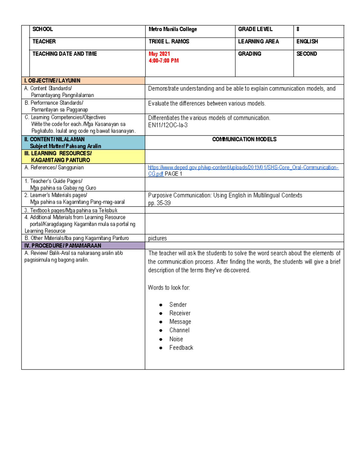 Lesson Plan in EDUC 6 - SCHOOL Metro Manila College GRADE LEVEL 8 ...