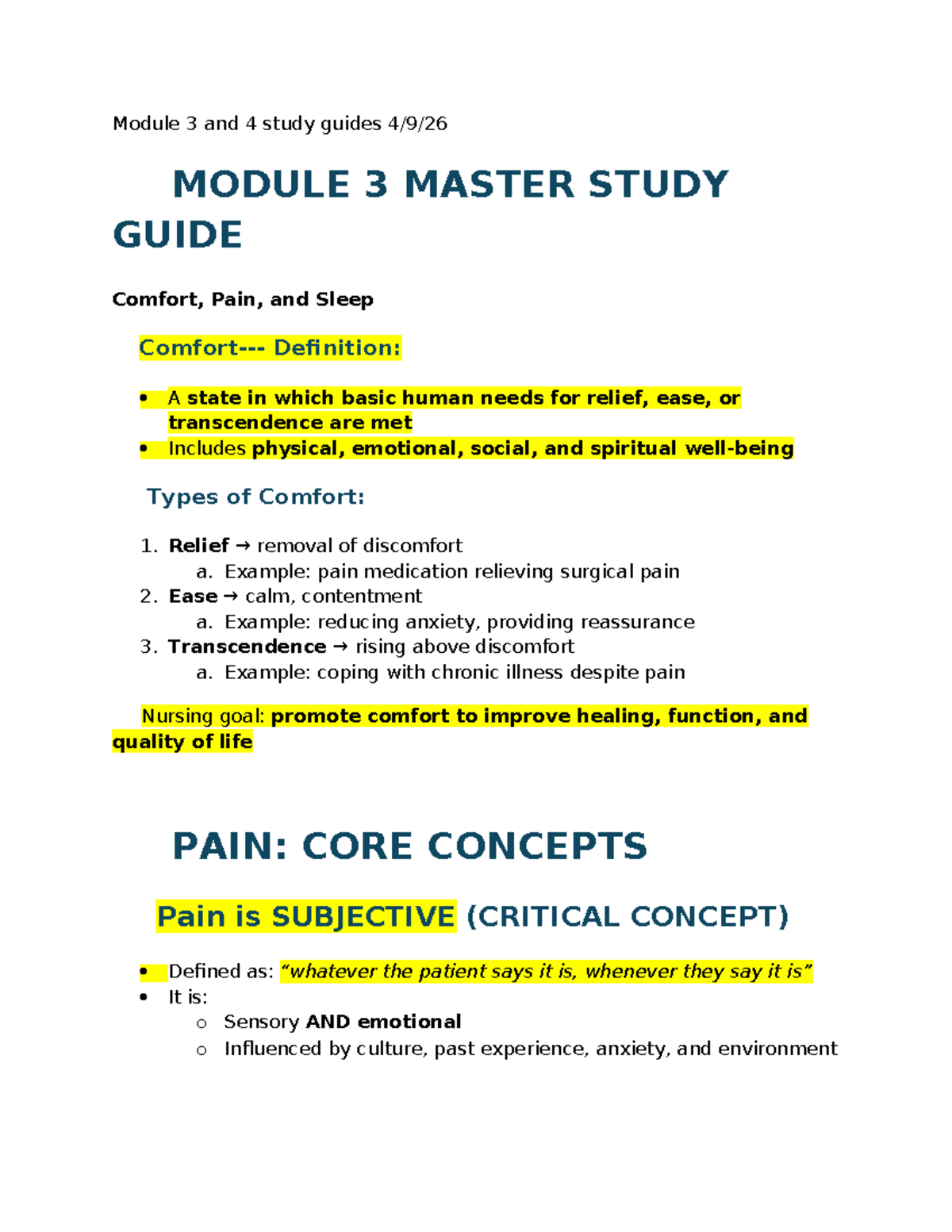Exam 2 Study Guide for Modules 3 & 4: Comfort, Pain, and Sleep - Studocu