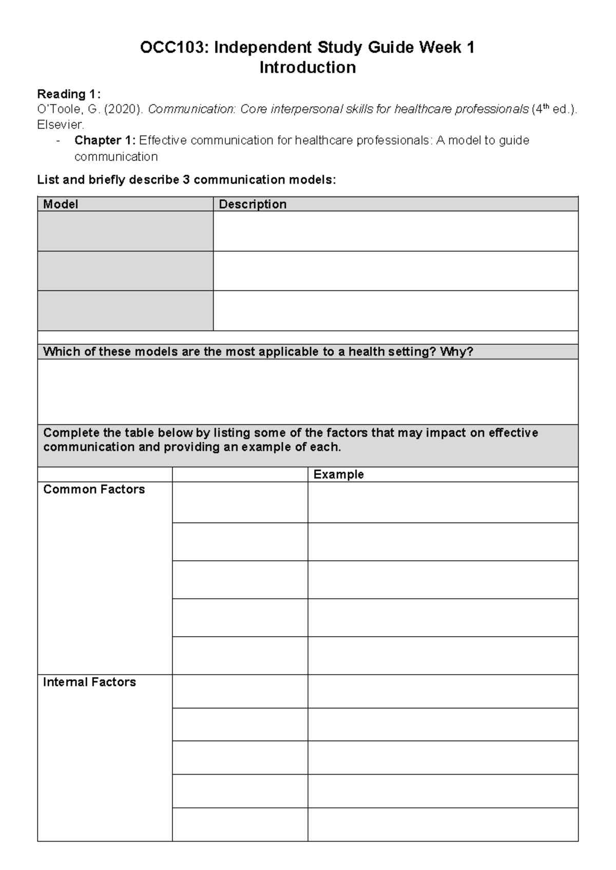 Study guide OCC103 - Week 1 - Introduction - OCC103: Independent Study ...