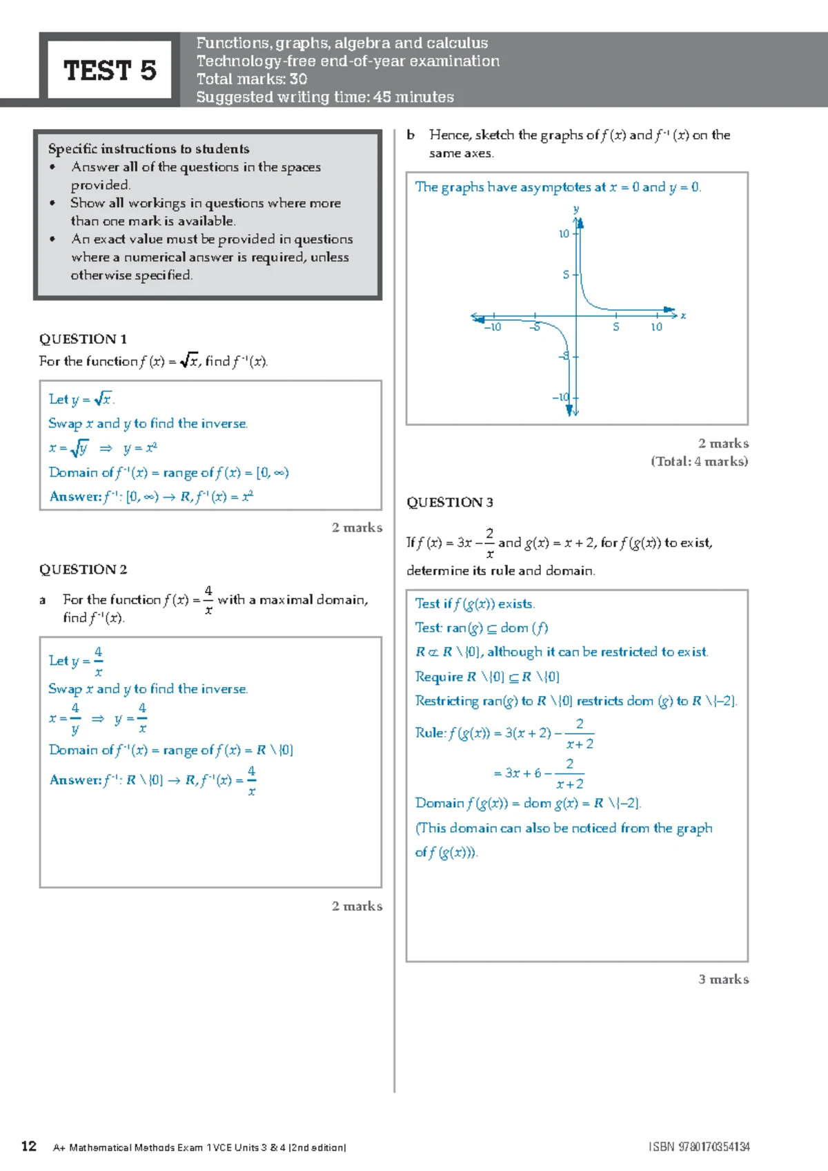 Mathematical Methods Exam 1 VCE Units 3 4 - Functions & Calculus Test ...