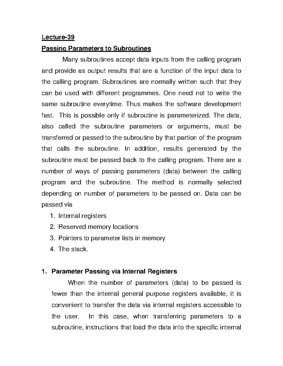 Lecture on Computer Organization: Parameter Passing in Subroutines ...