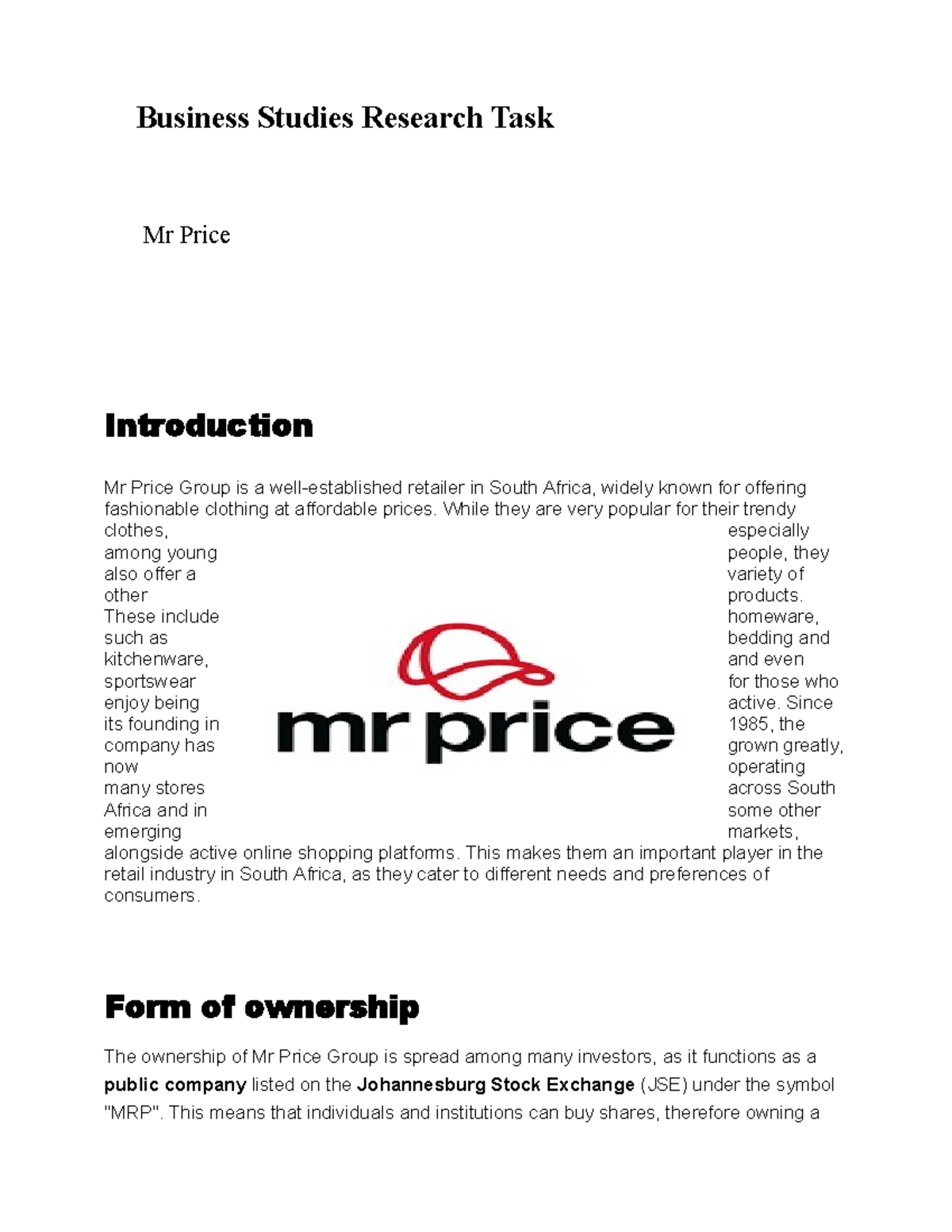 Mr Price Business Research Project – SWOT, Ownership & Marketing (Grade ...