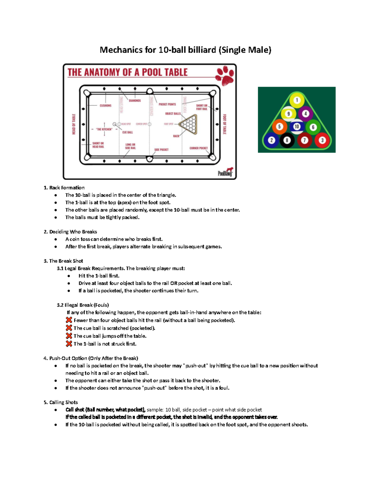 Billiard Rules for Single Male Play: 10 Balls Mechanics - Studocu