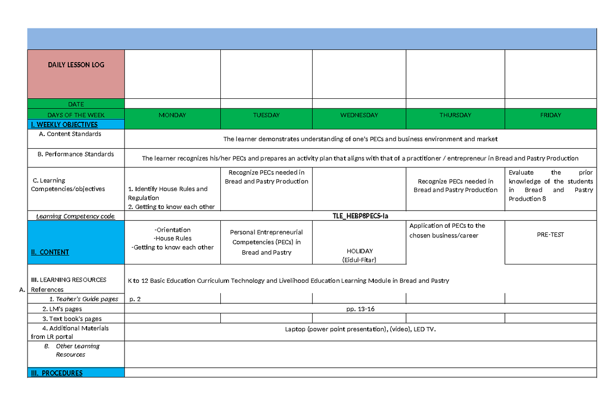WEEK 1 BPP 8 - Daily Lesson Plan for Bread and Pastry Production - Studocu