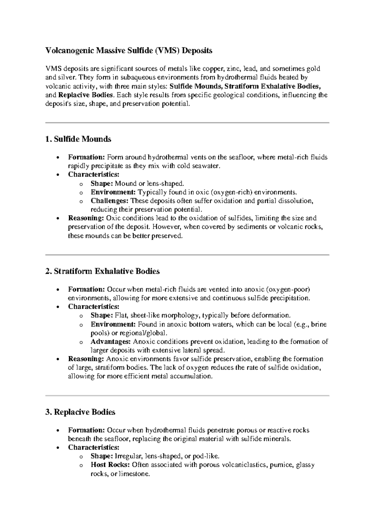 VMS Deposits: Formation, Characteristics, and Preservation Factors ...