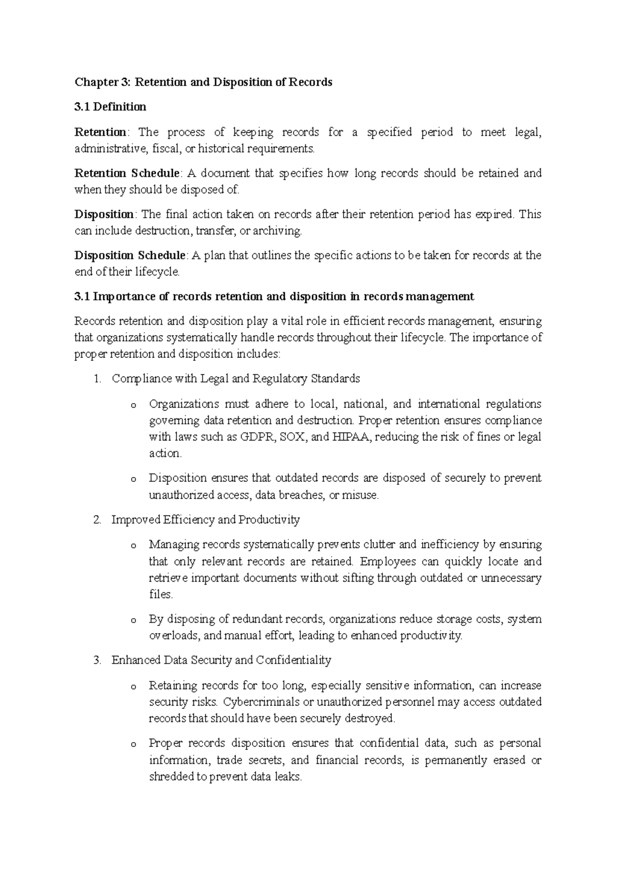 Chapter 3 RM - Records Retention and Disposition Notes - Studocu