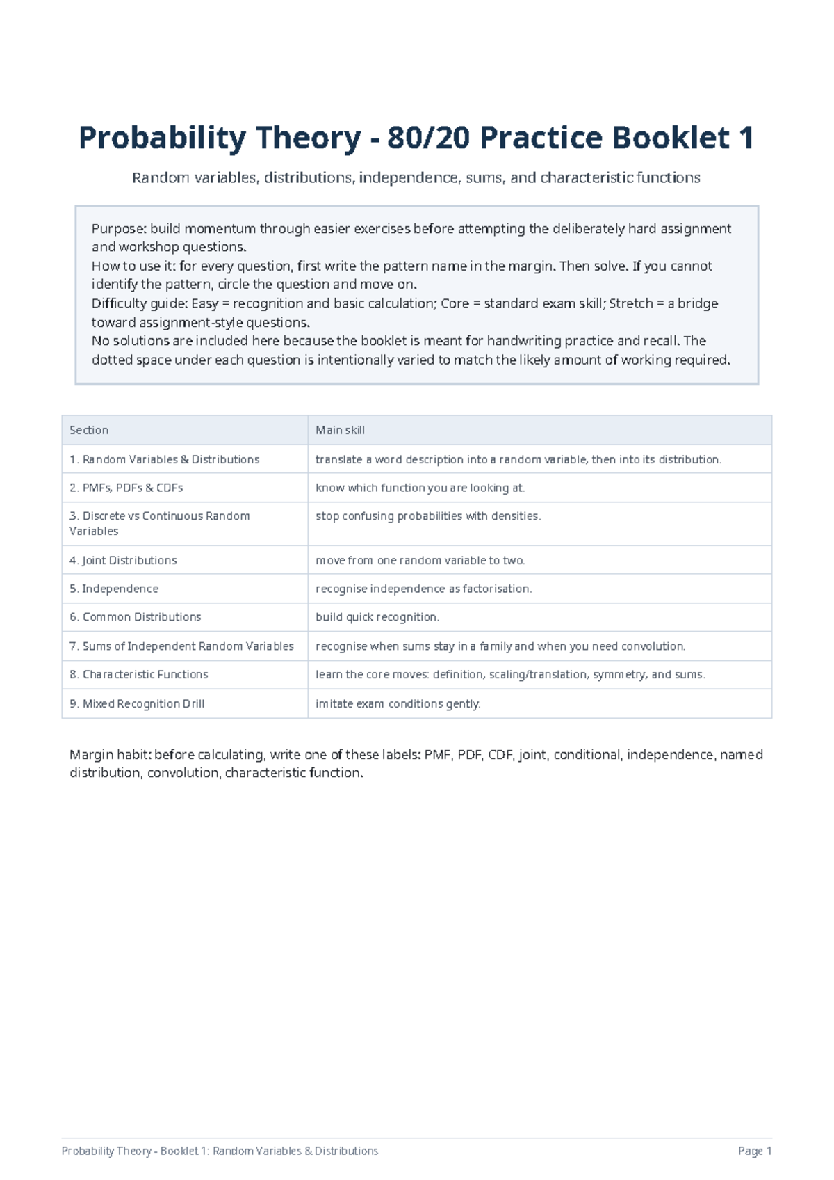 Probability Theory Booklet 1: Random Variables & Distributions - Studocu