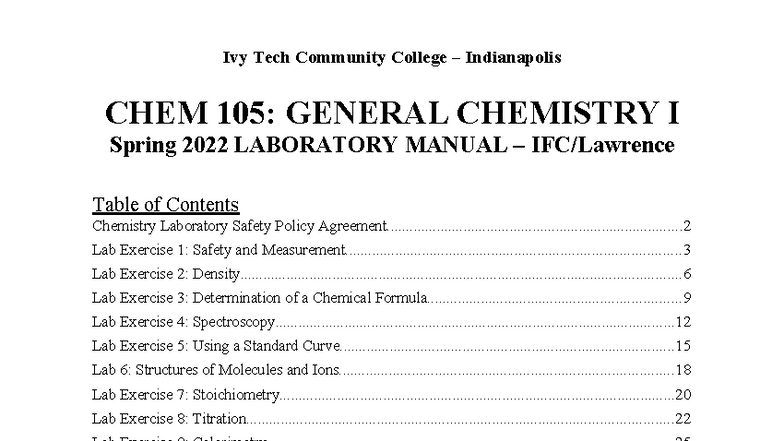 CHEM 105 Lab Manual: General Chemistry I Spring 2022 Edition - Studocu