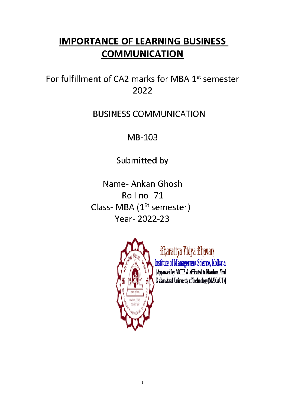 MBA 1st Sem - Business Communication Project Importance & Insights ...