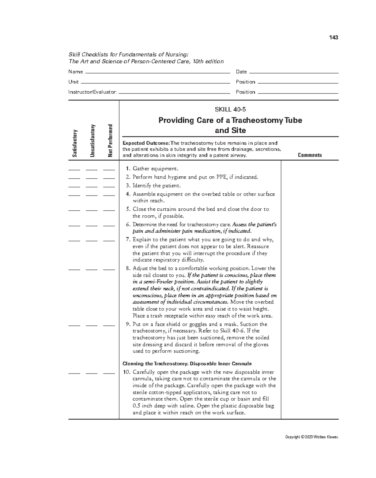 Taylor 10e Nursing Checklist: Skill 40-5 Tracheostomy Care Guide - Studocu