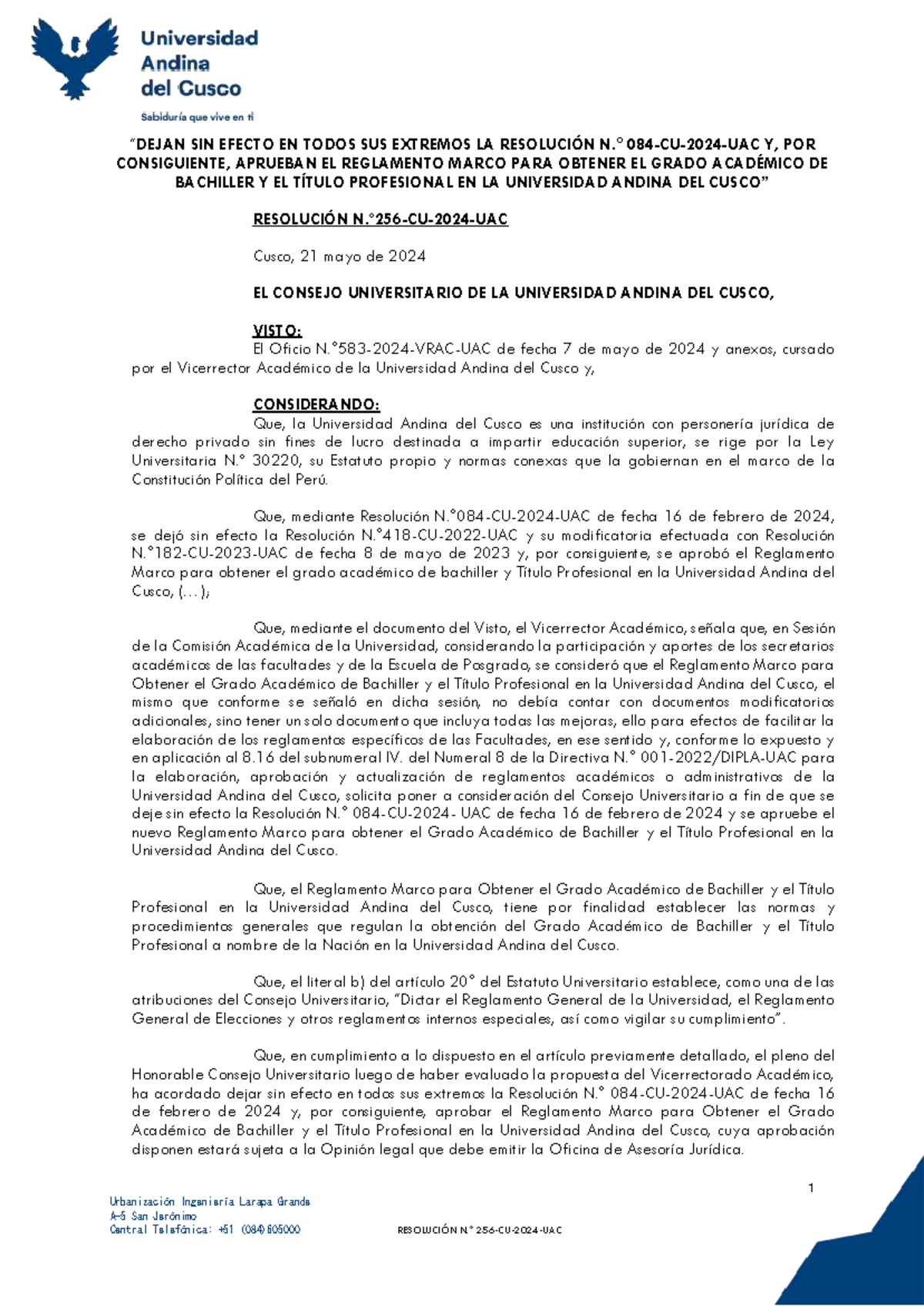 CU-256 Reglamento Marco para Obtener el Grado Académico de Bachiller EN UAC - Document Preview