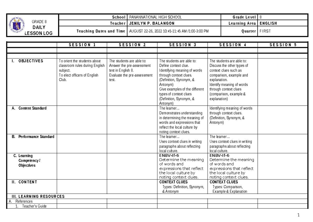 English 8 Week 1 Daily Lesson Log on Context Clues - Studocu