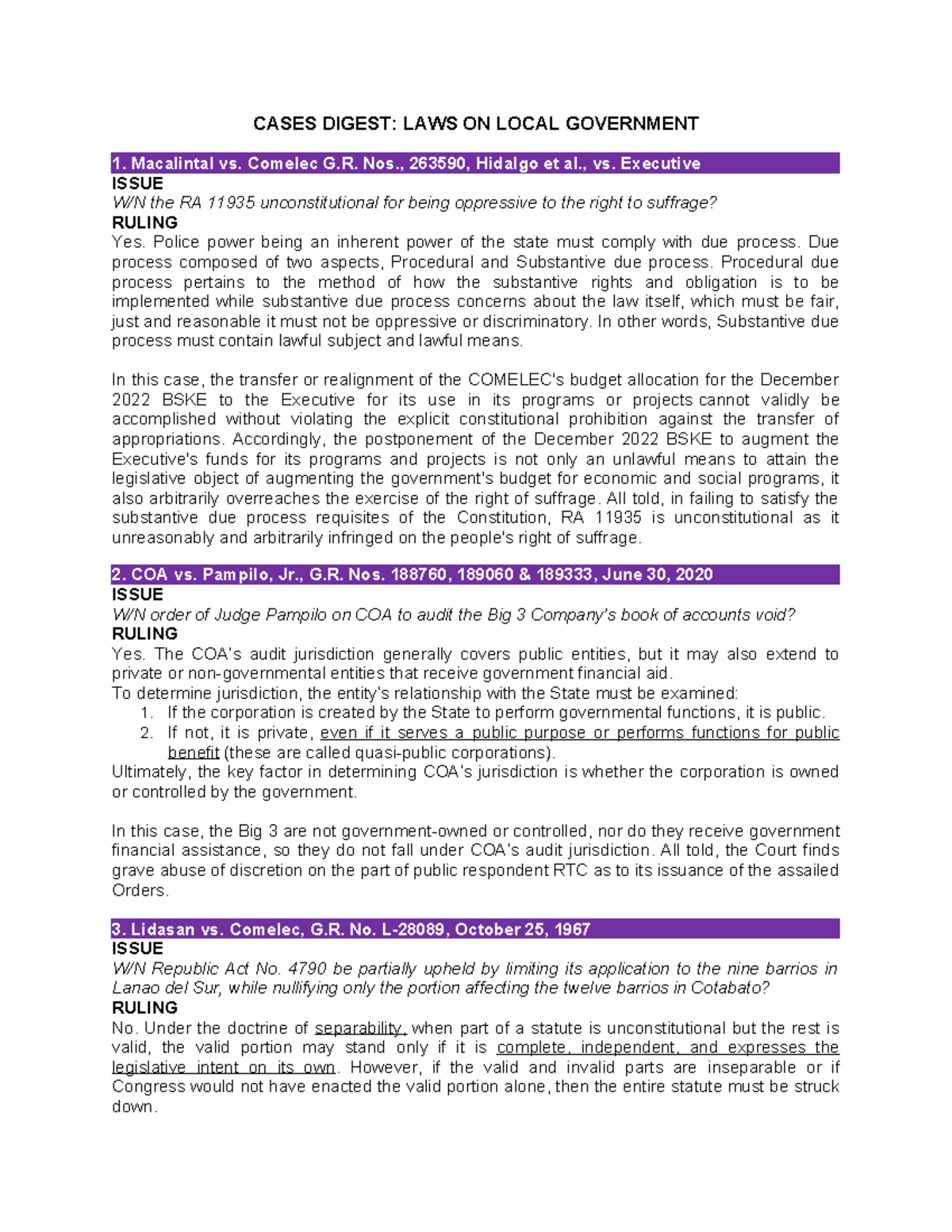 Cases Digest: Local Government Law Issues and Rulings (LG 1) - Studocu