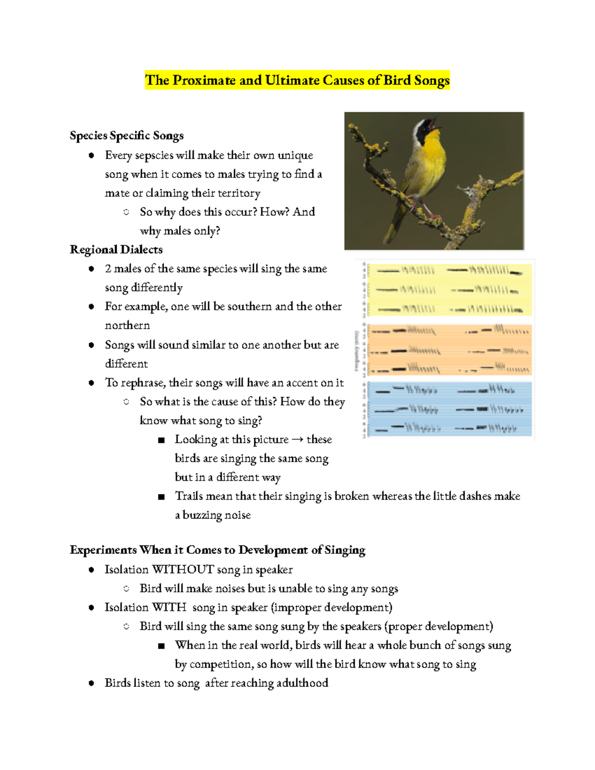 Bio3176 Midterm 1: Causes and Functions of Bird Songs Lecture Notes ...