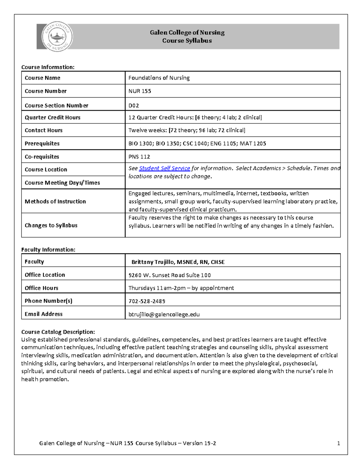 NUR 155 Foundations of Nursing Course Syllabus - Summer 2025 D02 - Studocu