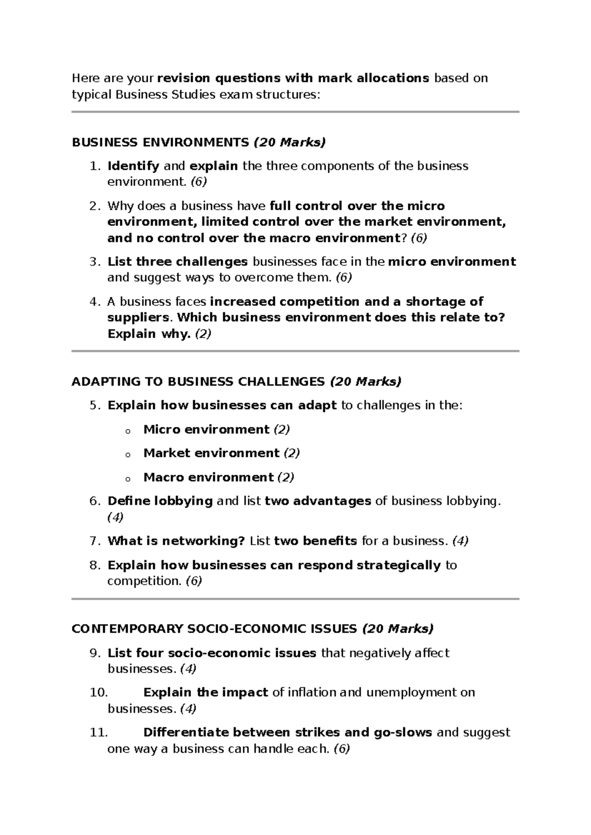 BUS 101 Term 1 Revision Questions & Mark Allocations - Studocu