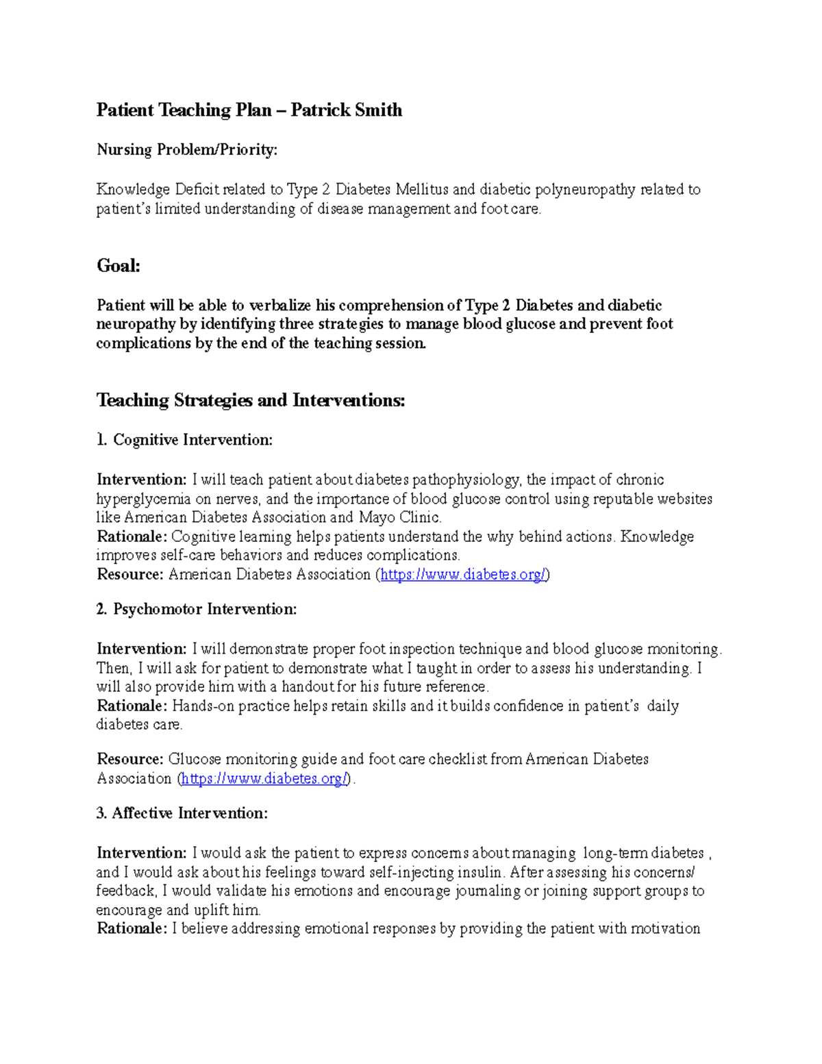 Patient Teaching Plan: Type 2 Diabetes Management for Patrick Smith ...