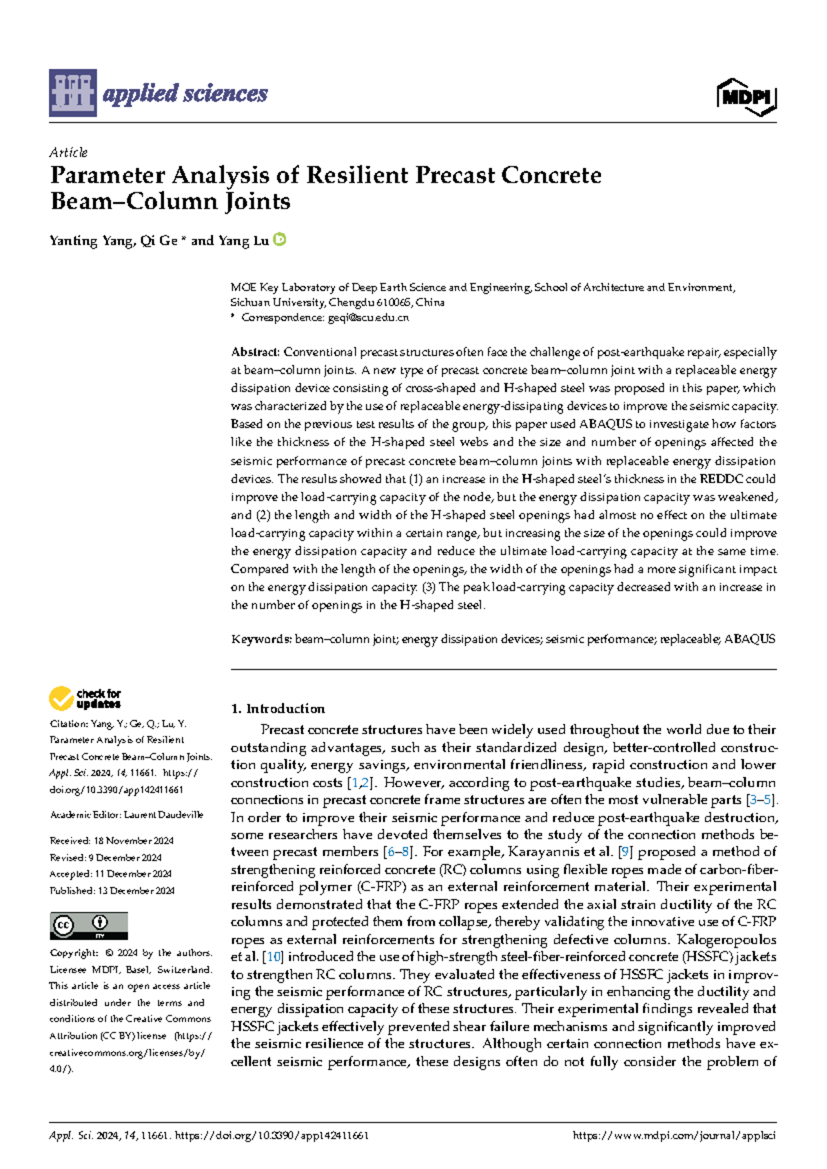 Parameter Analysis of Resilient Precast Concrete Beam-Column Joints ...