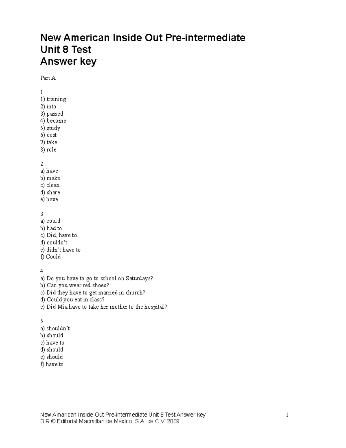 New American Inside Out Pre-intermediate Unit 8 Test Answer Key - Studocu