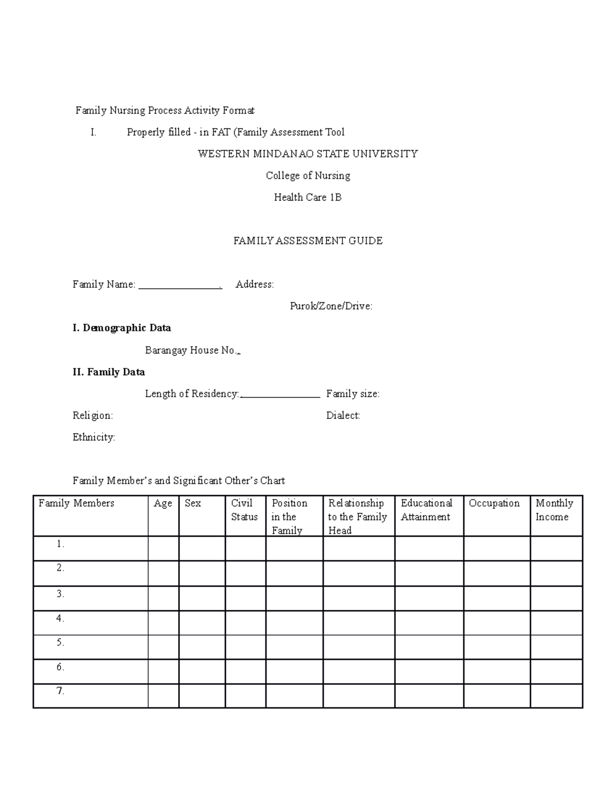 COMMUNITY HEALTH NURSING FAMILY ASSESSMENT - Family Nursing Process ...
