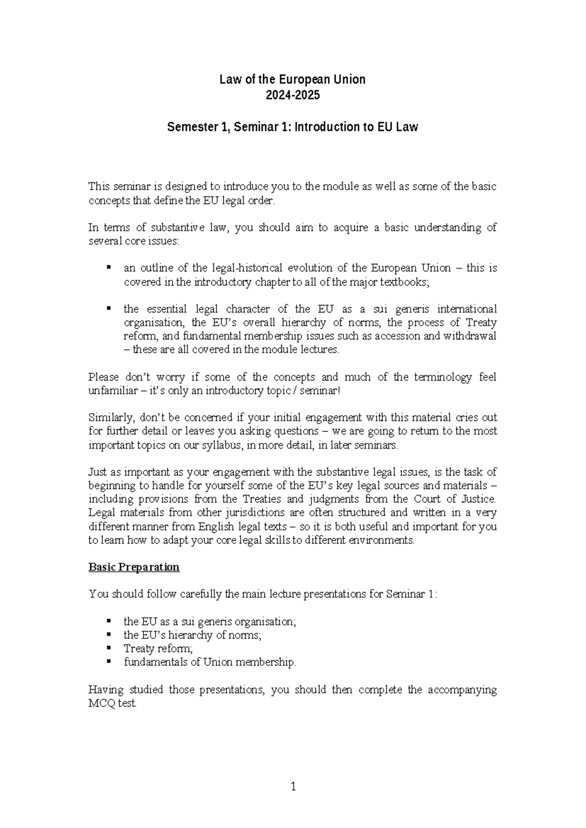 EU Seminar 1 Preparation Guide Final - Law of the European Union 2024 ...