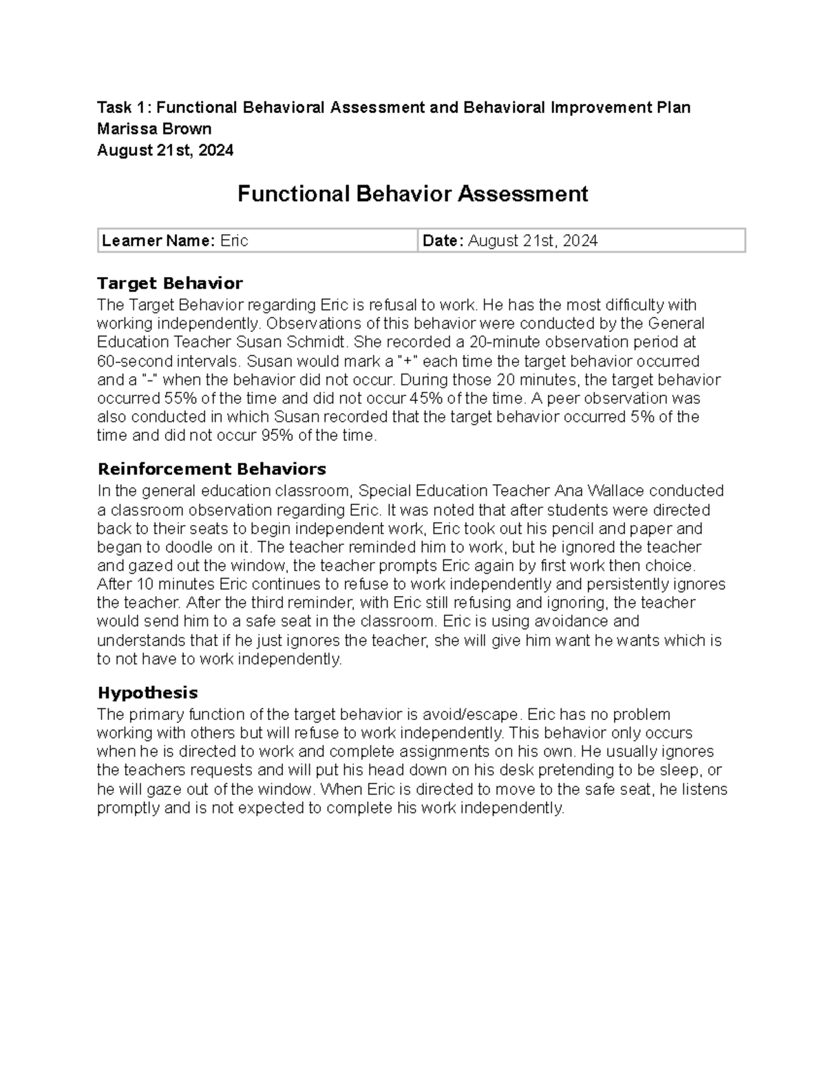 Task 1 D229 Functional Behavioral Assessment & Improvement Plan for ...