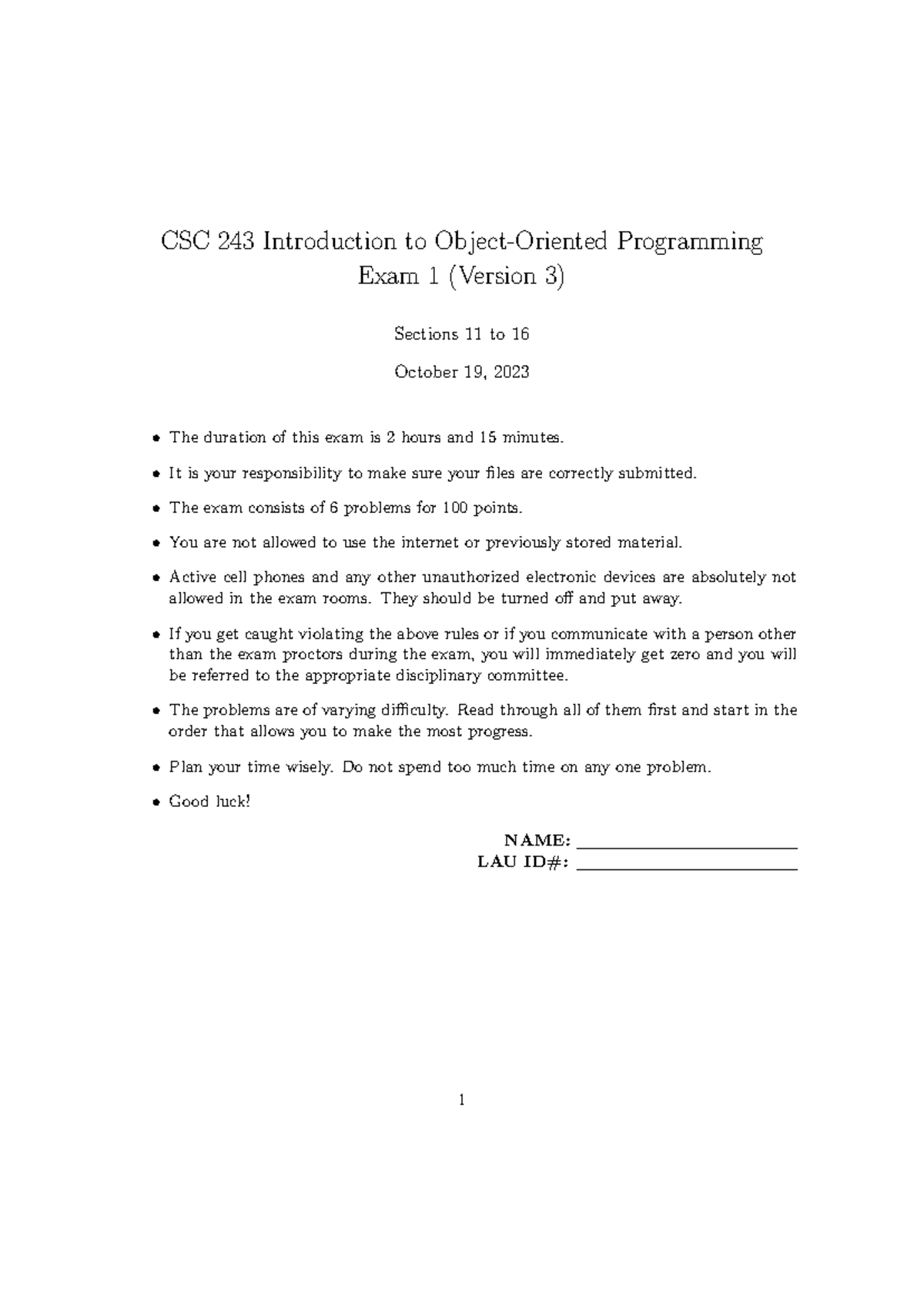 CSC 243 Introduction to Programming Exam 1 (Version 3) - Studocu