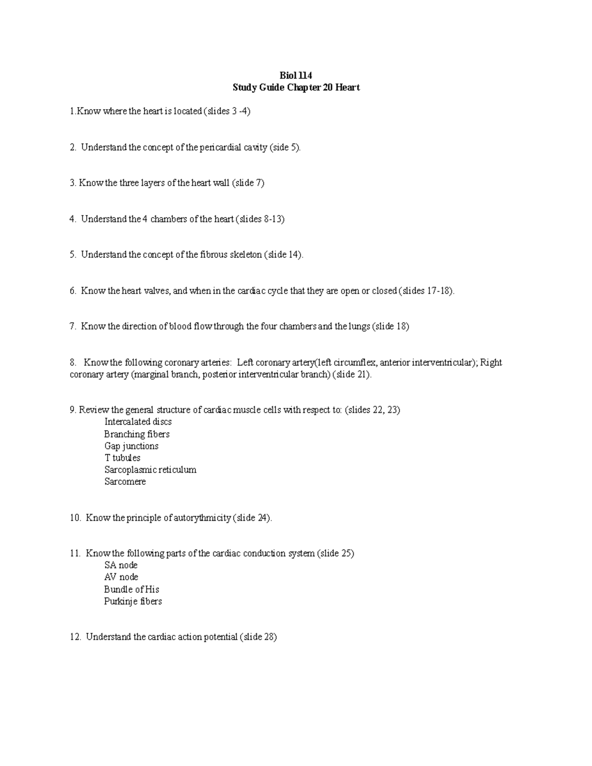 Chapter 20 Study Guide Biol 114 - Biol 114 Study Guide Chapter 20 Heart ...