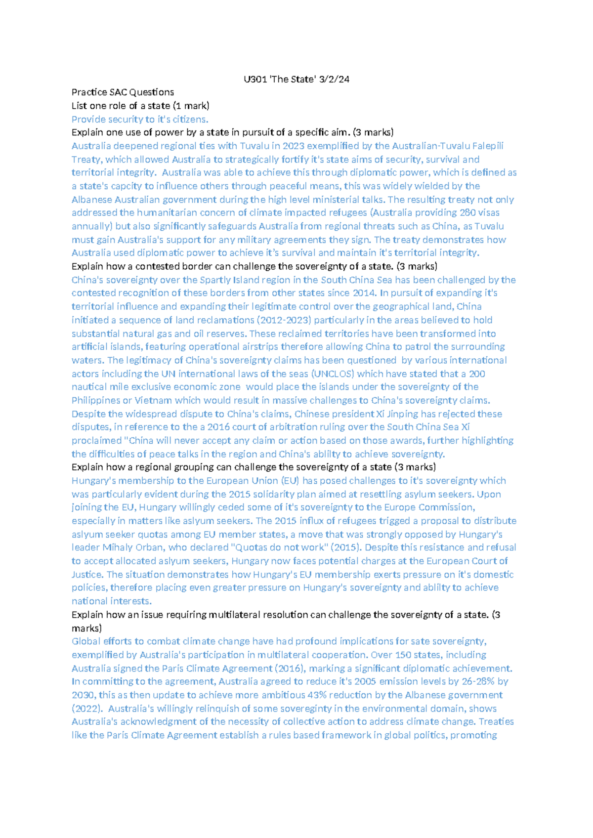 U301 'The State' Short Answer Exam Preparation Guide - Studocu