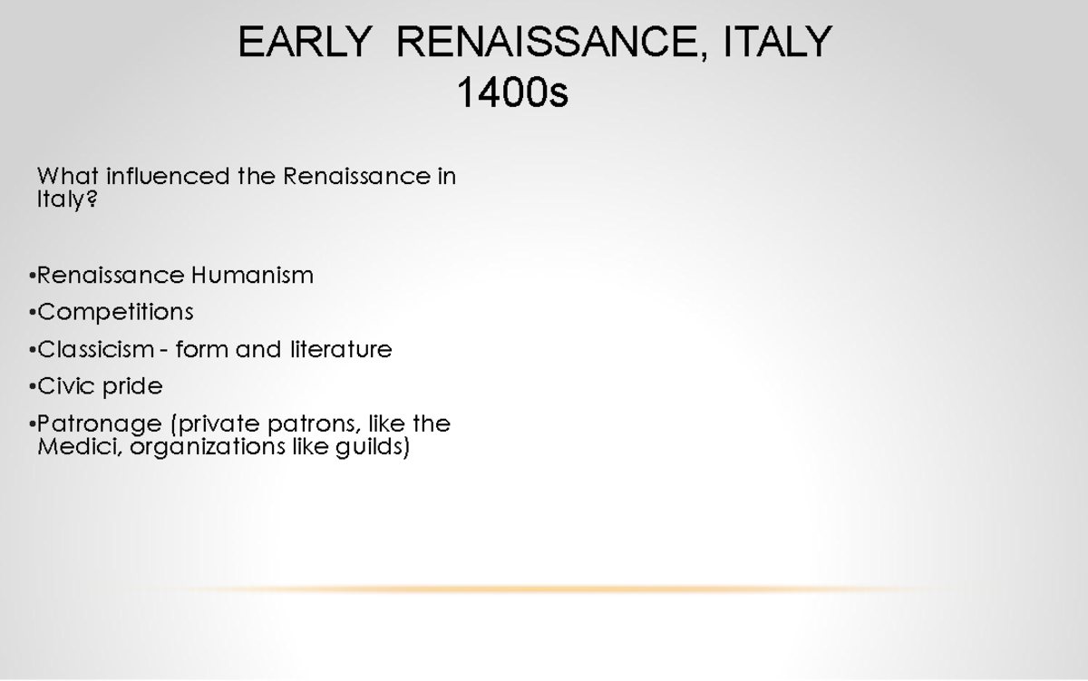 Italian Early Renaissance: Influence and Key Figures (1400s) - Studocu