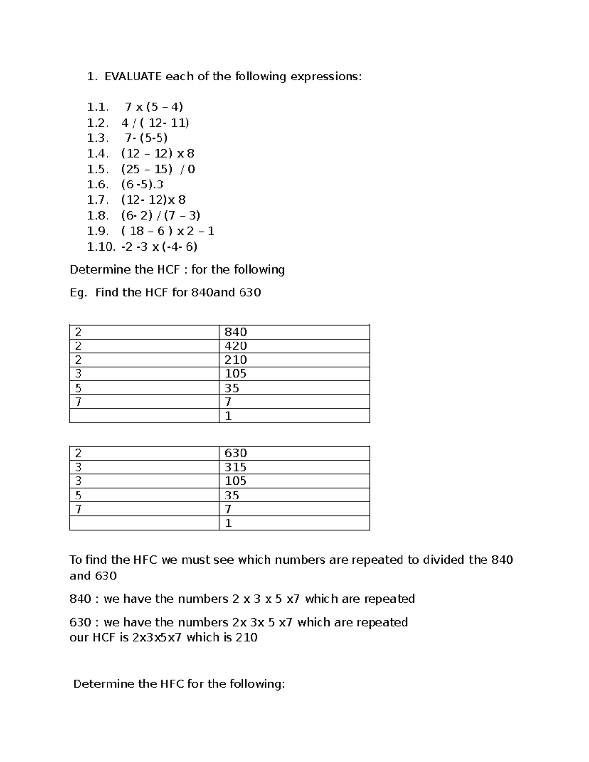 Maths 8 WS - Practice: Evaluating Expressions & HCF Calculation - Studocu