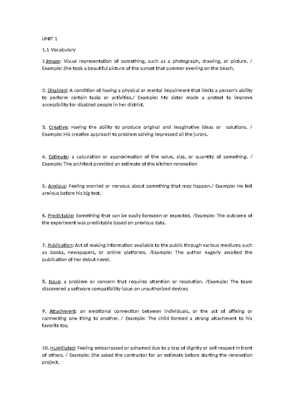 UNIT 1 Vocabulary Overview: Key Terms and Definitions - Studocu
