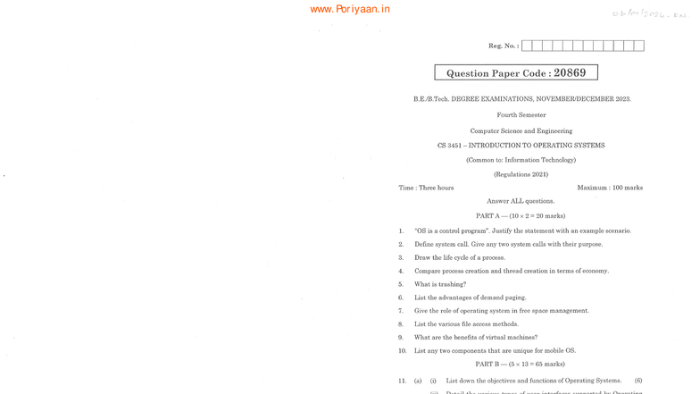 Introduction to Operating Systems - CS3451 2023 Nov Dec Exam - Studocu