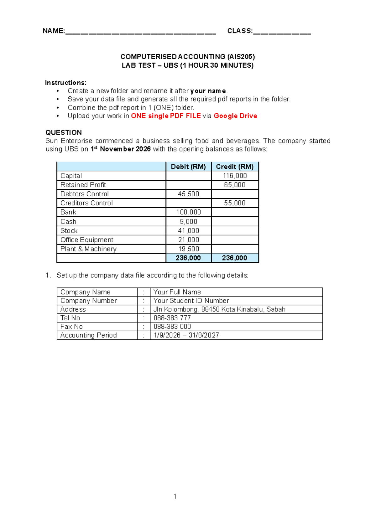 COMPUTERISED ACCOUNTING LAB TEST (AIS205) - SUN Enterprise SET 4 - Studocu
